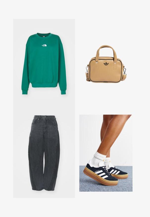 The North Face ESSENTIAL OVERSIZE CREW - Mikina - evergreen; Voľné čierne denimové džínsy so zosušeným povrchom, piatimi vreckami, zapínaním na gombík v páse a prešívaním na prednej strane a po stranách.; Čierne semišové tenisky s bielymi pruhmi a detailmi, so zaoblenou špičkou, podrážkou z gumovej gumy, doplnené bielymi rebrovanými ponožkami.; Hnedá vegánska kožená taška s dvoma uchami, odnímateľným ramenným popruhom, čiernym dekoratívnym prešívaním a malým čiernym logom na prednej strane.