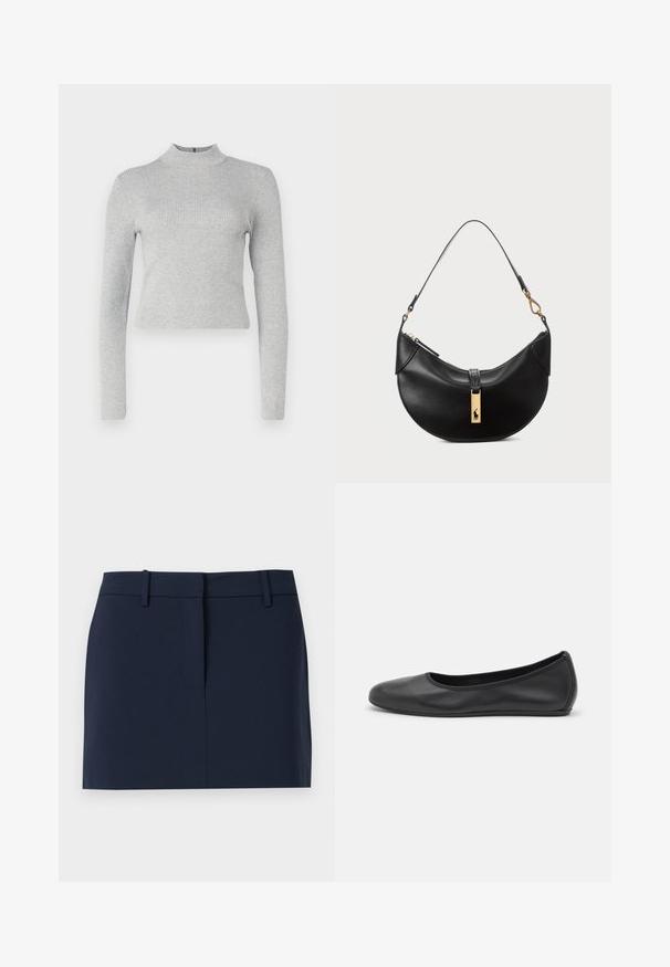 Light gray ribbed long-sleeve turtleneck top with a fitted silhouette and a small zip closure at the back. Smooth texture throughout.; Navy blue skirt made of smooth fabric, featuring a waistband, a front opening, and clean lines without pockets or embellishments.; Black leather ballet flat with a rounded toe, smooth texture, minimal stitching detail, and a flexible sole design.; Black leather handbag in a half-moon shape. Features a gold hardware accent and a narrow strap. Smooth texture, zipper closure at the top.