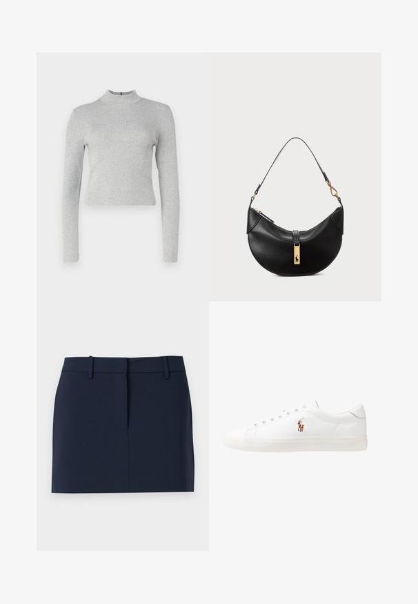 Top de cuello alto de manga larga en gris claro con una silueta ajustada y un pequeño cierre de cremallera en la parte posterior. Textura suave en todo el tejido.; Falda azul marino hecha de tejido suave, con una cinturilla, una abertura frontal y líneas limpias sin bolsillos ni adornos.; Zapatillas de cuero blancas, diseño de corte bajo, con una textura suave, puntera redonda, cordones en la parte delantera y un pequeño logo bordado en el lateral.; Bolso de cuero negro en forma de media luna. Presenta un acento de hardware dorado y una correa estrecha. Textura suave, cierre de cremallera en la parte superior.