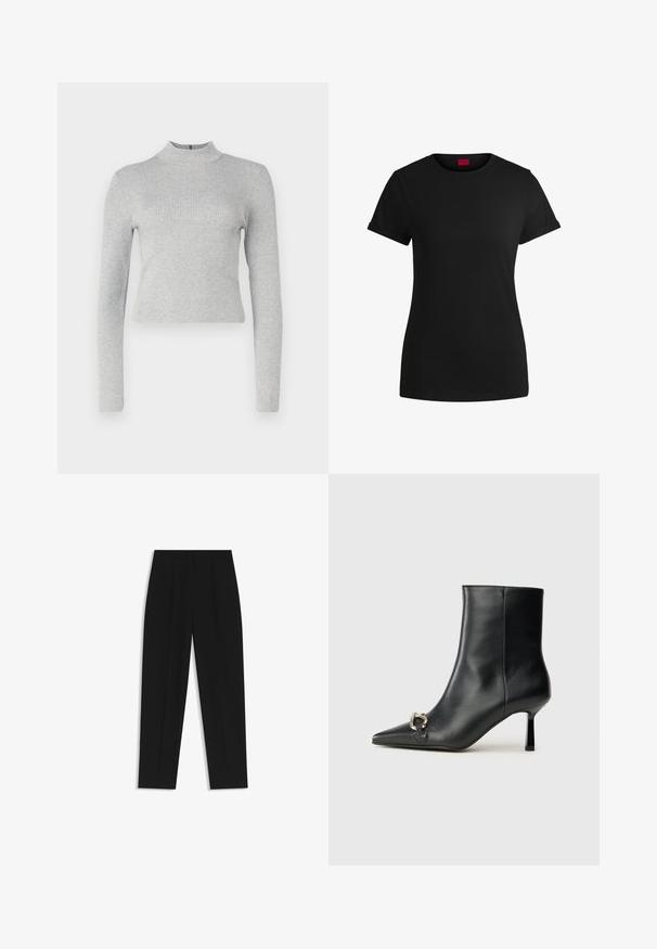 Top de cuello alto de manga larga en gris claro con una silueta ajustada y un pequeño cierre de cremallera en la parte posterior. Textura suave en todo el tejido.; Camiseta de algodón negra con mangas cortas enrolladas, escote redondo y etiqueta roja. Textura suave, forma ajustada y con un detalle minimalista.; Pantalones negros de corte recto, con doble pinza, textura suave y un diseño de cinturilla clásica. Sin hardware o acentos visibles.; Botín negro de cuero hasta el tobillo con punta afilada, tacón delgado de altura media y detalle de hebilla plateada en el lateral, sobre un fondo liso.