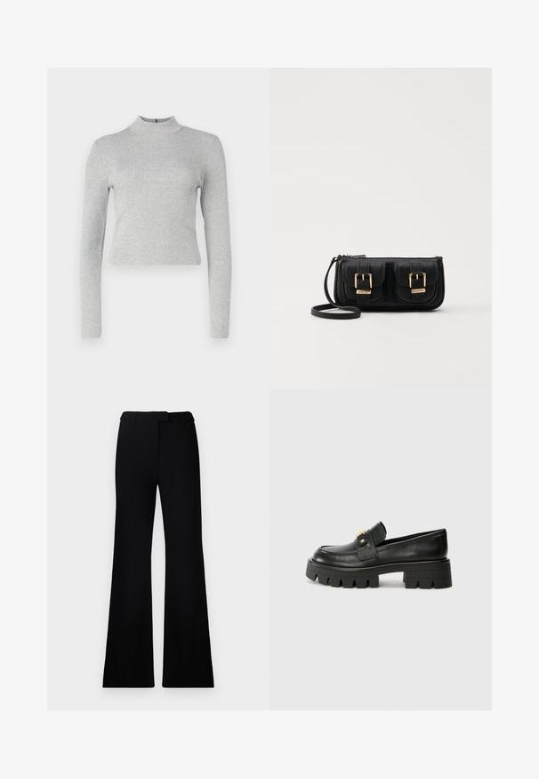 Helles graues, geripptes langärmliges Turtleneck-Oberteil mit körperbetonter Silhouette und kleinem Reißverschluss am Rücken. Glatte Textur überall.; Schwarze ausgestellte Hose mit einer glatten Textur, tailliertem Bund und Fronttaschen, entworfen mit einer eleganten, modernen Silhouette.; Schwarze Lederloafers mit einer klobigen Sohle, die an der Vorderseite ein goldfarbenes Akzent und eine glatte Oberfläche aufweisen. Klobiges Profil-Design auf der Sohle.; Schwarze Leder-Umhängetasche mit zwei vorderen Taschen, goldenen Schnallen, Reißverschluss und einem schmalen Tragegurt. Texturierte Oberfläche und kompakte rechteckige Form.
