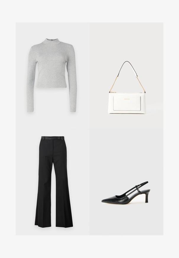 Svetle šedý žebrovaný rolák s dlouhým rukávem a přiléhavým střihem, s malým zipem na zadní straně. Hladká textura po celém povrchu.; Černé kalhoty s rozšířenými nohavicemi a hladkým povrchem, s pevným pasem a zažehlenými záhyby pro elegantní vzhled.; Černé lakované slingback podpatky s špičatou špičkou, zdobené texturovaným hadím vzorem, nastavovacím páskem a krátkým texturovaným blokovým podpatkem.; Bílá kožená kabelka s texturovaným povrchem, zdobená zlatým řetízkem a černými akcenty. Obsahuje přední kapsu a uzavírání na zip.