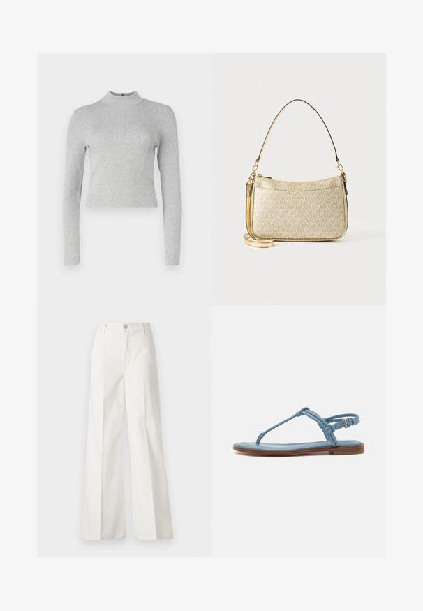 Világosszürke bordázott hosszú ujjú garbó, testhez simuló fazonnal és egy kis cipzárral a háton. Az anyag sima tapintású.; Fehér, bővebb nadrág, amely pamutból készült, sima textúrával. Elöl gombbal, cipzáras záródással és négy zsebes kialakítással rendelkezik.; Kék bőr pántos szandál lapos talppal, vékony pánt dizájnnal és csatos záródással a bokán a biztos illeszkedés érdekében.; Arany textúrájú kézitáska sima bőrszíjjal, cipzárral záródik, és diszkrét logós mintázattal van ellátva a felületén.