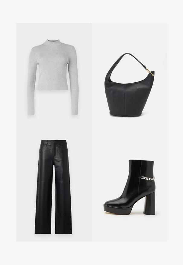 Svetlo siva rebrasta dolga majica s turtleneck ovratnikom, ki ima oprijet kroj in majhen zadrgo na hrbtni strani. Gladka tekstura po celotni površini.; Široke črne usnjene hlače gladke teksture, s sprednjimi žepi, gumbom za zapiranje in subtilnimi detajli šivanja.; Črne lakirane gležnjarje z debelo platformo in visokim blok peto. Imajo srebrno verigo kot okras ob strani. Gladka tekstura.; Črna usnjena torbica ovalne oblike, s širokim pasom in teksturirano površino. Ima subtilno šivano podrobnost in zlate dodatke.