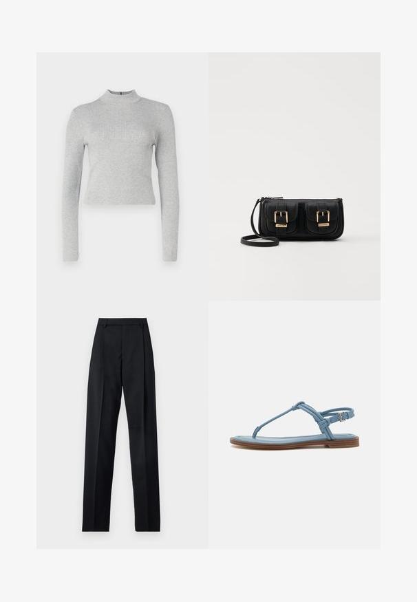 Lysegrå ribbestrikket langermet høyhalset topp med en tettsittende silhuett og en liten glidelås bak. Glatt tekstur gjennom hele.; Svarte bukser laget av glatt stoff, med høy midje, vide ben, frontfolder og klassiske beltehemper. Ingen synlige sidelommer.; Blå lær thong sandal med flad sål, der har et slankt stropdesign og en spænde lukning ved anklen for en sikker pasform.; Svart skinn crossbody veske med to frontlommer, gyldne spenner, glidelåslukking og en slank stropp. Teksturert overflate og kompakt rektangulær form.