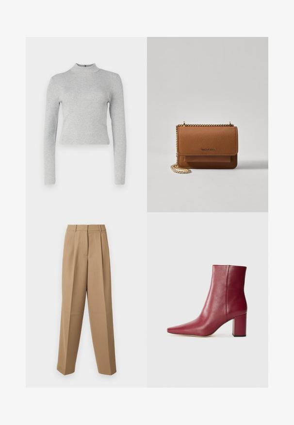 Gai pelēks ribots garām piedurknēm turtlenecks ar pieguļošu siluetu un mazu rāvējslēdzēju aizmugurē. Gluda tekstūra visā virsmā.; Bēšas stilīgas bikses ar augstu jostasvietu, kroku priekšpusi un platām kājām. Audums izskatās gluds ar vieglu spīdumu.; Burgundijas ādas potītes zābaki ar smailo purngalu, koka papēdi un gludu tekstūru, ar bezšuvju dizainu, bez redzamām detaļām.; Brūna teksturēta ādas plecu soma ar zelta ķēdes siksnu un atloka aizdari. Priekšpusē ir logotipa detaļa un kabata zem atloka.