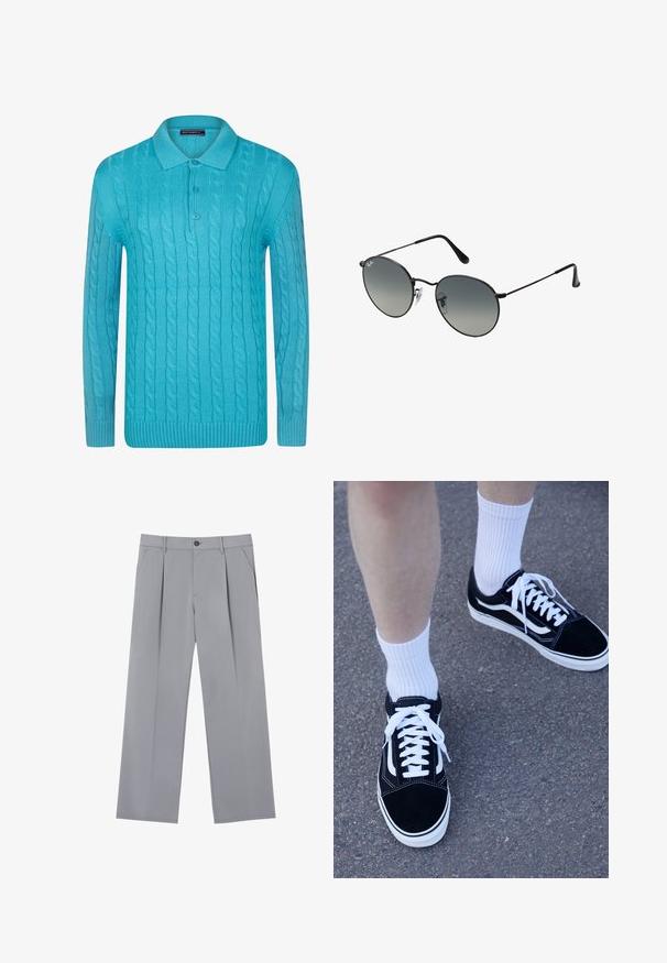 Turquoise knitted pullover with a cable design, ribbed cuffs and hem, and a classic polo collar featuring two buttons.; White cotton tank top featuring a round neckline and wide armholes, with a small light blue logo on the chest and a side label.; Gray pleated trousers with a relaxed fit, made from a lightweight fabric. Features front pockets and a button closure at the waist.; Black suede sneakers with white accents and laces, paired with white ribbed crew socks, positioned on a textured gray surface.; Black metal sunglasses with round gradient lenses, featuring thin temples and clear nose pads for a comfortable fit.