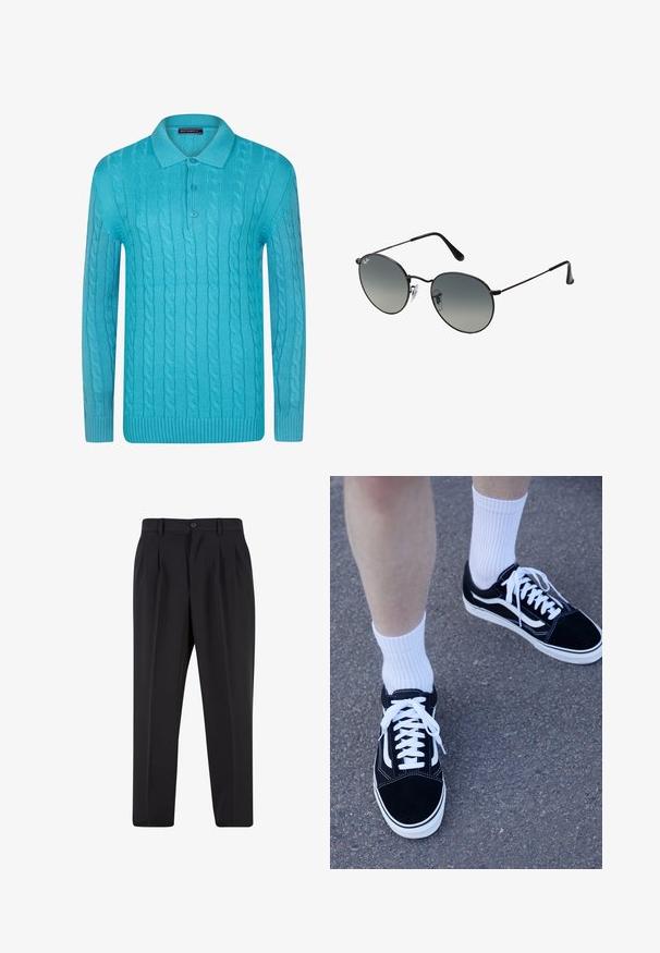 Tyrkysový pletený pulovr s kabelovým vzorem, žebrovanými manžetami a lemem, a klasickým polo límcem se dvěma knoflíky.; Černé kalhoty s plisovaným předním designem, vyrobené z hladké tkaniny. Obsahují zapínání na knoflík a poutka na opasek; rovný střih.; Černé semišové tenisky s bílými akcenty a tkaničkami, v kombinaci s bílými žebrovanými ponožkami, umístěné na texturovaném šedém povrchu.; Černé sluneční brýle s kulatými gradientovými čočkami, tenkými stranicemi a průhlednými nosními podložkami pro pohodlné nošení.