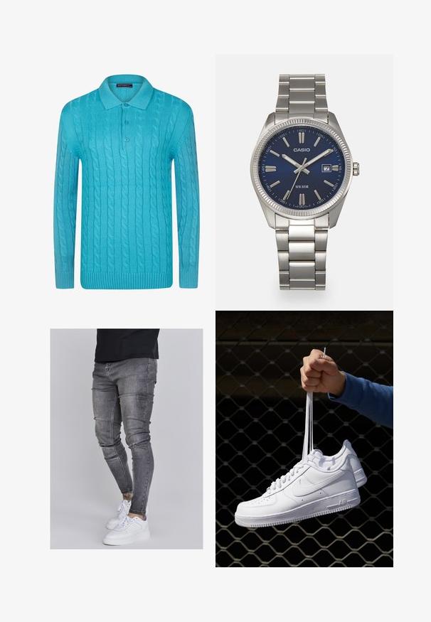 Turkisblå strikket pullover med kabelmønster, ribbet manchetter og kant samt en klassisk polo-krave med to knapper.; Slank jeans i falmet grå denim med slidte detaljer ved knæene, parret med hvide sneakers. Glat tekstur, slim fit design.; Hvide lædersneakers med perforeringer, rund tå, flad sål og tykke snørebånd, med et synligt swoosh-logo og "AIR" på hælen.; Sølv rustfrit stål urrem med en marineblå urskive, metallic timemarkører og et datovindue kl. 3. Vandafvisende op til 50 meter.