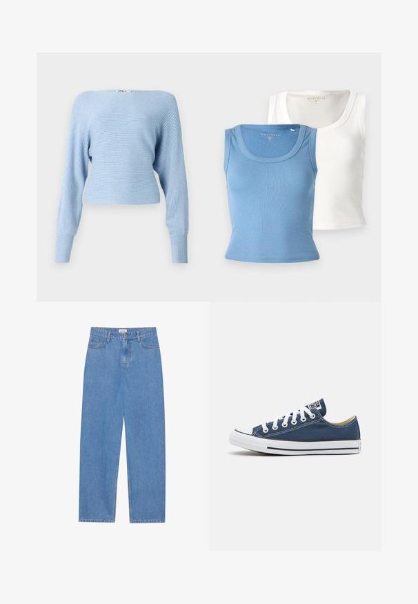 Hellblaues, geripptes Sweatshirt mit langen Ärmeln und cropped Fit. Verfügt über einen weiten Ausschnitt und eine weiche Stricktextur. Etikett oben sichtbar.; Zwei gerippte Tanktops: eines lichtblau und eines weiß. Jedes hat einen runden Ausschnitt und eine figurbetonte Silhouette, die die Textur des Stoffes betont.; Hellblaue Jeans aus Denim mit geradem Schnitt, fünf Taschen-Design, Knopfverschluss und dezenten Nähten an den Säumen.; Segeltuch-Sneaker in Marineblau mit weißen Ösen und Schnürsenkeln, ausgestattet mit einer weißen Gummi-Zehenkappe und einem schwarzen Streifen entlang der Sohle.