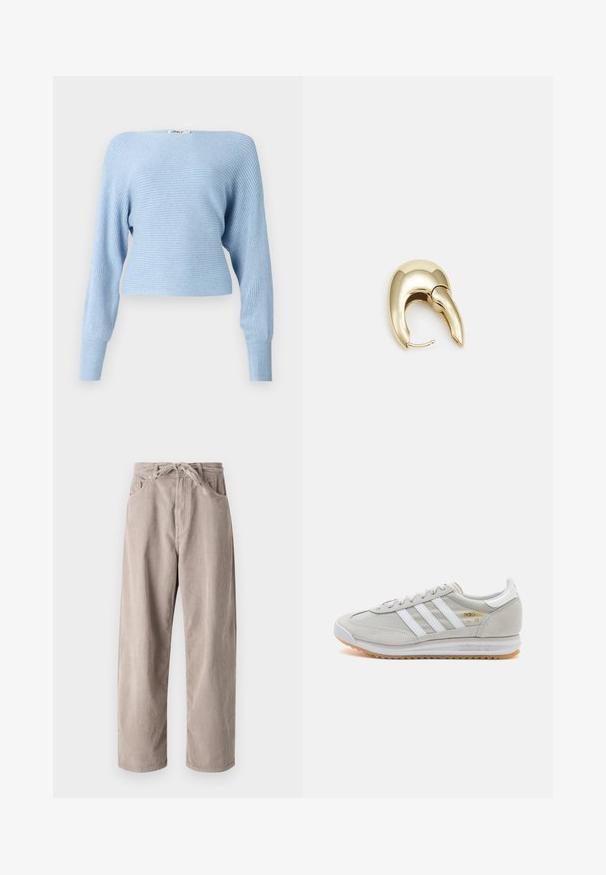 Un pull côtelé bleu clair à manches longues et coupe cintrée. Présente un décolleté large et une texture tricot douce. Étiquette visible sur le dessus.; Pantalons en velours côtelé beige à coupe ample, dotés d'une taille à cordon, de deux poches avant et d'une texture côtelée verticale.; Basket en cuir suédé et mesh gris clair, avec trois bandes blanches, bout rond et semelle en caoutchouc naturel. Accent logo doré près des lacets.; Boucle d'oreille en métal doré avec un design élégant et courbé. Présente une forme conique distinctive, une surface polie et une fermeture à charnière.