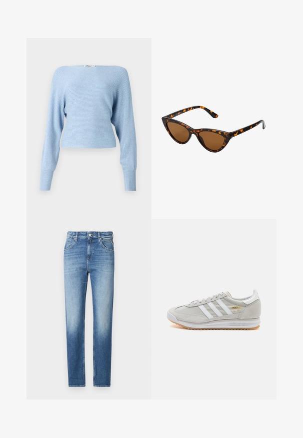 Maglione a coste azzurro chiaro con maniche lunghe e vestibilità corta. Presenta un ampio scollo e una morbida texture a maglia. Etichetta visibile in alto.; Jeans in denim blu chiaro con vestibilità dritta, texture sbiadita, cinque tasche e chiusura con bottone in vita. Dettagli di cucitura distintivi.; Sneaker grigio chiaro realizzato in suede e rete, con tre strisce bianche, punta arrotondata e suola in gomma color caramello. Accento del logo dorato vicino ai lacci.; Occhiali da sole cat-eye con una montatura tartarugata nera e arancione, lenti marroni e punte affusolate e eleganti. Presentano un logo minimale sulla asta.