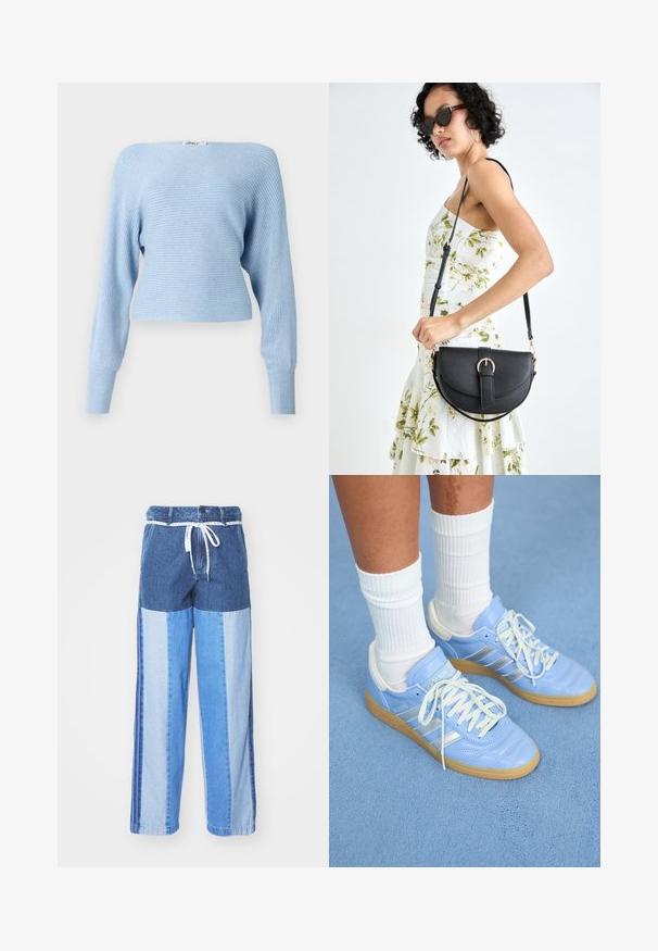 Pulover rib elastic de culoare albastră deschisă cu mâneci lungi și o croială scurtă. Are un decolteu larg și o textură moale din tricot. Eticheta este vizibilă în partea de sus.; Pantaloni din denim albastru cu un design pe patchwork în nuanțe variate de albastru, cu talie cu șnur și picioare largi, cu croială dreaptă.; Sneakers din piele bleu deschis cu accente albe, șireturi plate și talpă din cauciuc, asociate cu șosete albe cu striații pe o suprafață albastră.; Geantă din piele neagră, cu o formă curbată, curea detașabilă și accesorii aurii. Geanta are un capac cu un detaliu tip cataramă.