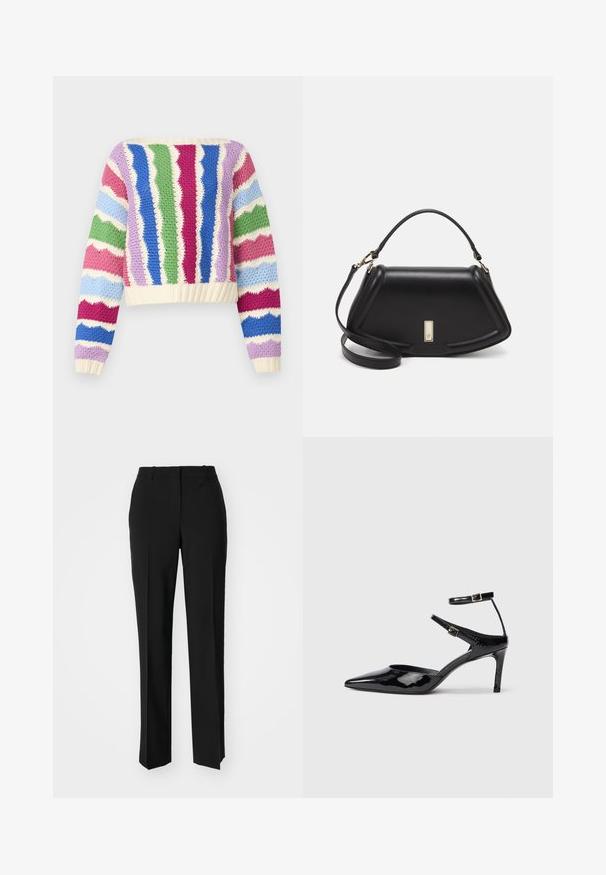 Gehaakte trui met golvende strepen in roze, blauw, groen, lavendel en crème. Verkorte ontwerp met geribbelde halslijn en manchetten.; Zwarte op maat gemaakte broek met een recht model, voorzien van een soepele textuur en scherpe plooien aan de voorkant. Geen zichtbare hardware.; Zwarte laarzen van gepatenteerd leer met een spitse neus, verstelbare enkelbandjes en een slanke hak. Gladde textuur met een glanzende afwerking.; Zwarte leren handtas met een gestructureerd ontwerp, featuring een verkorte vorm, bovenhandvat en gouden hardwareaccent. Inclusief verstelbare schouderband.