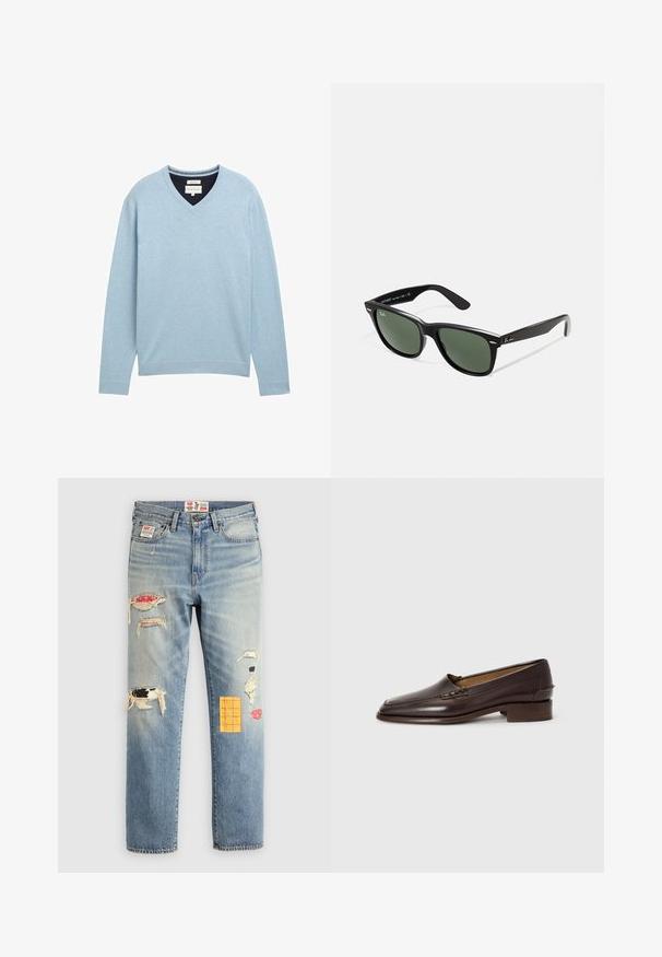 Ljusblå V-ringad tröja i mjuk bomull. Har långa ärmar, ribbade muddar och en subtil logotyp på bröstet.; Vit bomullströja med rund halsringning, korta ärmar och en avslappnad passform. Har en enkel design utan mönster eller accenter.; Ljusblå denimjeans med avslappnad passform, med slitna lappar i olika färger och mönster, inklusive orange och röda accenter.; Bruna lädermockasiner med en lätt spetsig tå, låg staplad klack och dekorativ sömnad på ovandelen. Slät textur, minimalistisk design.; Svarta plastsolglasögon med gröna linser, fyrkantiga bågar, silverdetalj på ögonbrynet och texturerade skalmar. Angiven märkning på den inre skalmen.