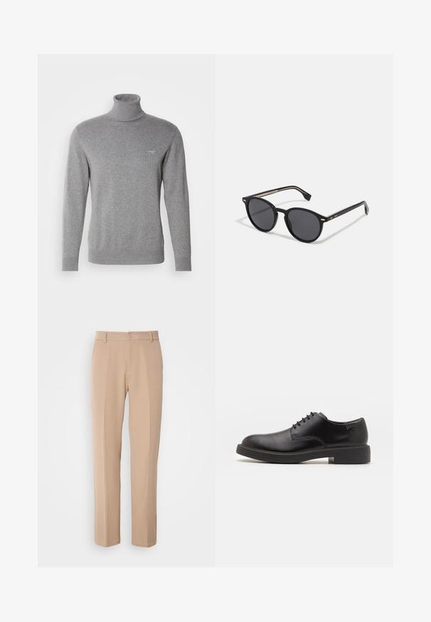 GANT CLASSIC ROLLERNECK - Neule - dark grey melange; Beige housut, jotka on valmistettu sileästä kankaasta, suoralahkeiset malli, edessä nappisuljenta ja hienovaraiset taitokset edessä.; Mustat nahkasaappaat, joissa on pyöreä kärki, sileä pinta, minimaalinen ommel ja matala kumipohja. Logo kannassa.; BOSS Aurinkolasit - black