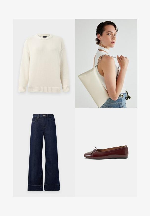 Pulover tricotat de culoare crem deschis, cu guler rotund, mansete și tiv cu cusătură în relief. Prezintă un model texturat și umeri căzuți pentru un fit lejer.; Jeans din denim, de culoare albastru închis, cu croială largă. Include un sistem de închidere cu nasture, detalii de cusătură și buzunare laterale. Bază evazată.; Balerini din piele patent burgund cu vârful rotund, accent de fundiță mică în față și talpă joasă din cauciuc negru. Textură netedă.; Geantă de clutch rectangulară albă, realizată dintr-un material lucios, având o curea de lanț argintie. Modelul pozează, evidențiind geanta pe un fundal simplu.