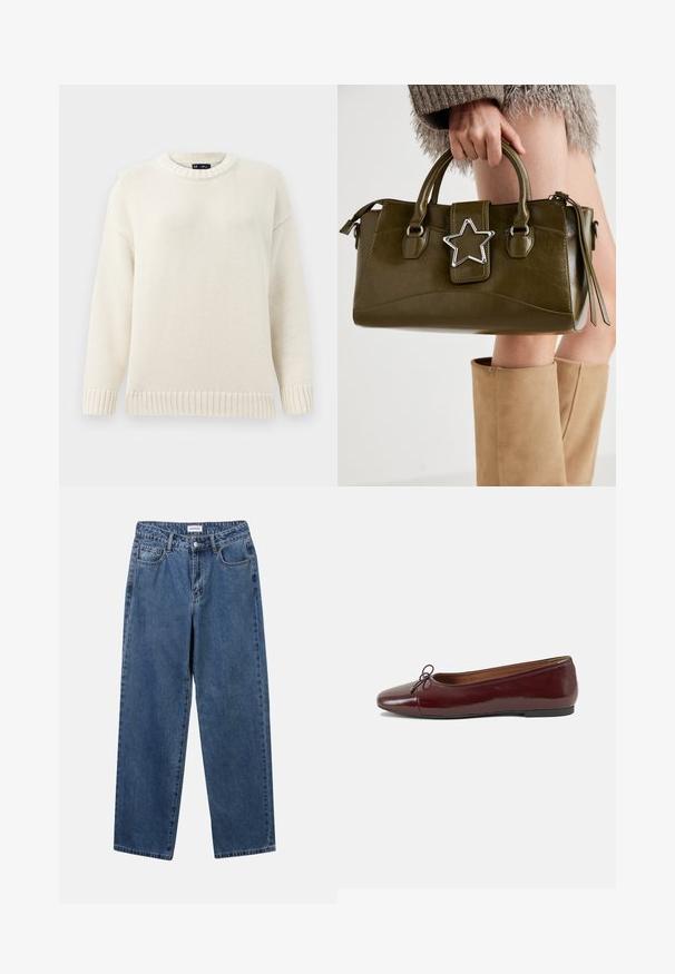 Helles cremefarbenes Strickpullover mit Rundhalsausschnitt, gerippten Bündchen und Saum. Verfügt über ein strukturiertes Muster und überschnittene Schultern für eine lockere Passform.; Klassische blaue Denim-Jeans mit geradem Bein, fünf Taschen und Knopfverschluss. Sie verfügen über eine mittelblau gewaschene Optik und sind aus robuster Textur.; Burgunderfarbenes, lackiertes Ballettschuh mit abgerundetem Zehenbereich, kleiner Schleifenakzent vorne und einer niedrigen, schwarzen Gummisohle. Glatte Textur.; Olivgrünes Kunstlederhandtasche mit silbernem Sternakzent, doppelten Griffen und einem Reißverschluss. Strukturierten Form und texturierten Oberfläche.