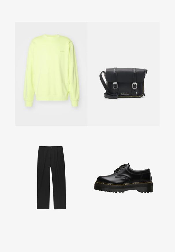 Jasnożółta bluza wykonana z miękkiego materiału, z okrągłym dekoltem, długimi rękawami i ściągaczami na mankietach. Subtelne logo z przodu.; Czarne spodnie o prostym kroju, wykonane z gładkiego materiału. Posiadają zakładki z przodu i pojedyncze zapięcie na guziki w pasie.; Czarne skórzane buty sznurowane z grubą, ząbkowaną czarną gumową podeszwą i żółtym przeszyciem wzdłuż krawędzi, charakteryzujące się gładkim wykończeniem.; Czarna skórzana torebka na ramię z klapą, dwoma srebrnymi klamrami, żółtym stębnowaniem i regulowanym paskiem. Posiada gładką teksturę i kompaktowy design.