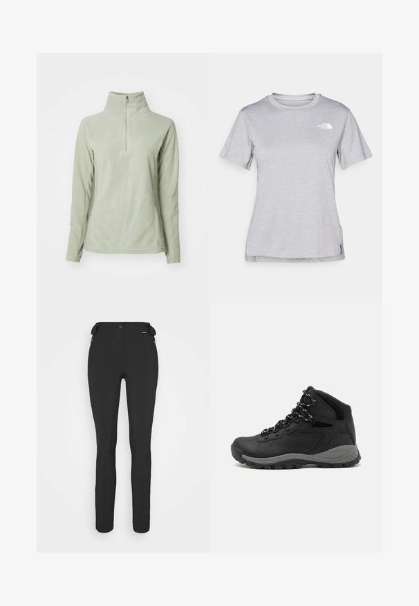 Vaaleanvihreä fleece-pusero, jossa on korkea kaulus ja lyhyt vetoketju. Varustettu pitkillä hihoilla ja sileällä, pehmeällä tekstuurilla.; Harmaa lyhythihainen t-paita, joka on valmistettu pehmeästä, kosteutta siirtävästä kankaasta. Siinä on pyöreä kaula-aukko ja pieni valkoinen logo vasemmassa yläkulmassa.; Mustat, slim fit -housut, jotka on valmistettu joustavasta materiaalista. Ominaisuuksiin kuuluu vetoketjullinen sivutasku, muotoillut polvet ja sileä pinta.; Musta vaelluskenkä, jossa on puolivartinen muotoilu, jolle on ominaista teksturoitu päällinen, harmaat yksityiskohdat ja kestävä kumipohja, jossa on pitoita lisääviä lukuja.