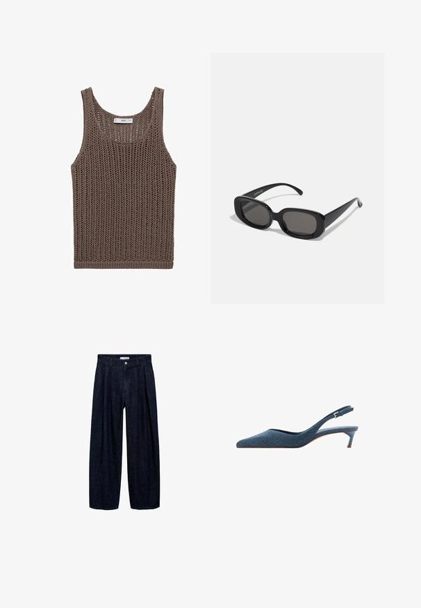 Rjavo pleteno brezrokavnik s prostim krojem, širšim izrezom in odprto teksturo. Ima raven rob in minimalno oznako blagovne znamke.; Temne traper hlače širokega kroja z naborki na pasu, z sprednjim gumbom in zankami za pas. Gladka tekstura in dolga zasnova.; Denimske slingback pete s ostrim nosom in nizko, vitko peto. Imajo teksturirano tkanino temno modre barve in eleganten, aerodinamičen dizajn.; Črne pravokotne sončne očala s temnimi lečami. Debel plastičen okvir, gladka tekstura in zaobljeni robovi. Modernejši temple se raztegneta navzven.; Mango Torba za nakupovanje - dark brown