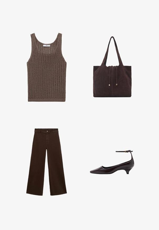 Brown knitted tank top with a loose fit, wide neckline, and open weave texture. Features a straight hem and minimal branding label.; Brown wide-leg trousers in cotton blend, featuring a frayed hem, front button closure, and classic five-pocket design. Minimalistic and versatile.; Dark brown pointed-toe leather kitten heel shoe with a thin ankle strap and a small gold buckle.; Mango Tote bag - dark brown