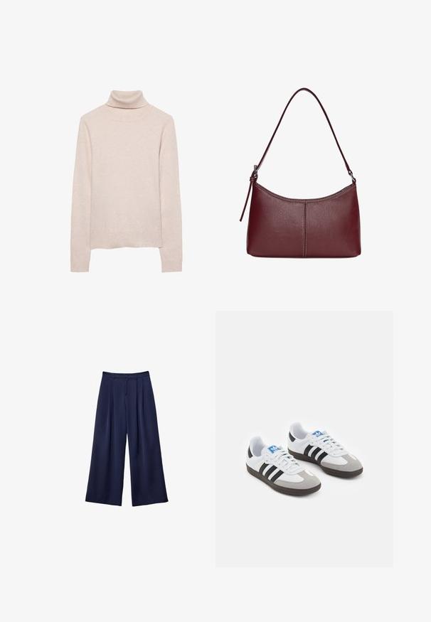 Maglione a collo alto di un delicato rosa chiaro, realizzato in morbido tessuto a maglia. Presenta maniche lunghe e un collo e un orlo a coste. Design classico e aderente.; Pantaloni a gamba larga blu navy con pieghe, vita con bottoni e passanti per cintura, mostrati distesi su uno sfondo bianco.; Scarpe sportive con tomaia in pelle bianca, punta in suede grigia e tre strisce nere. Presentano un logo blu sulla linguetta e una suola in gomma testurizzata.; Borsa a tracolla in pelle bordeaux con forma curvata, una sola tracolla e dettagli cuciti al centro. Texture liscia, hardware minimale.