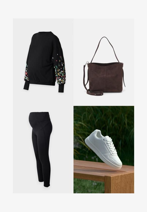 ONLY MATERNITY OLMBROOKE O-NECK FLOWER - Sweatshirt - black; Black maternity leggings with a high waistband, made from stretchy material. Features a smooth texture and a fitted design for comfort.; White sneaker with a smooth synthetic upper, perforated toe box, flat laces, and a textured sole, displayed on a wooden surface.; Brown suede tote bag with a soft texture, featuring a single shoulder strap and a subtle curved top opening. No visible hardware details.