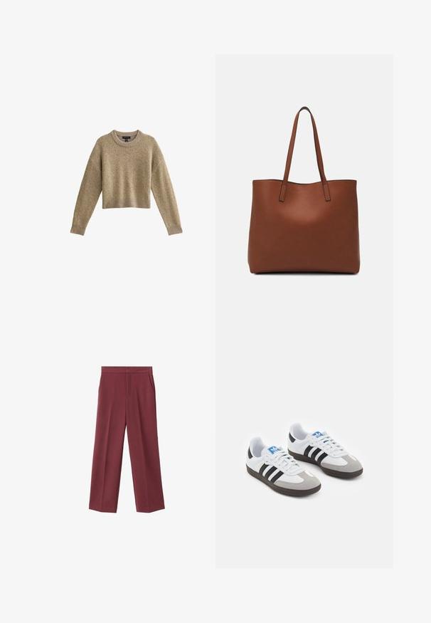 Jersey corto beige con mangas largas, cuello redondo, tejido texturizado y bajo de canalé. Apto para uso casual.; Pantalones de pierna ancha color burdeos con una textura suave, que cuentan con bolsillos laterales y un diseño de cintura alta. Con un pliegue frontal limpio.; Zapatillas deportivas con parte superior de piel blanca, puntera de ante gris y tres rayas negras. Presentan un logo azul en la lengüeta y una suela de goma texturizada.; Bolso tote de cuero marrón con una textura suave, diseño de apertura superior y dos correas para el hombro. Presenta una costura mínima y sin herrajes visibles.