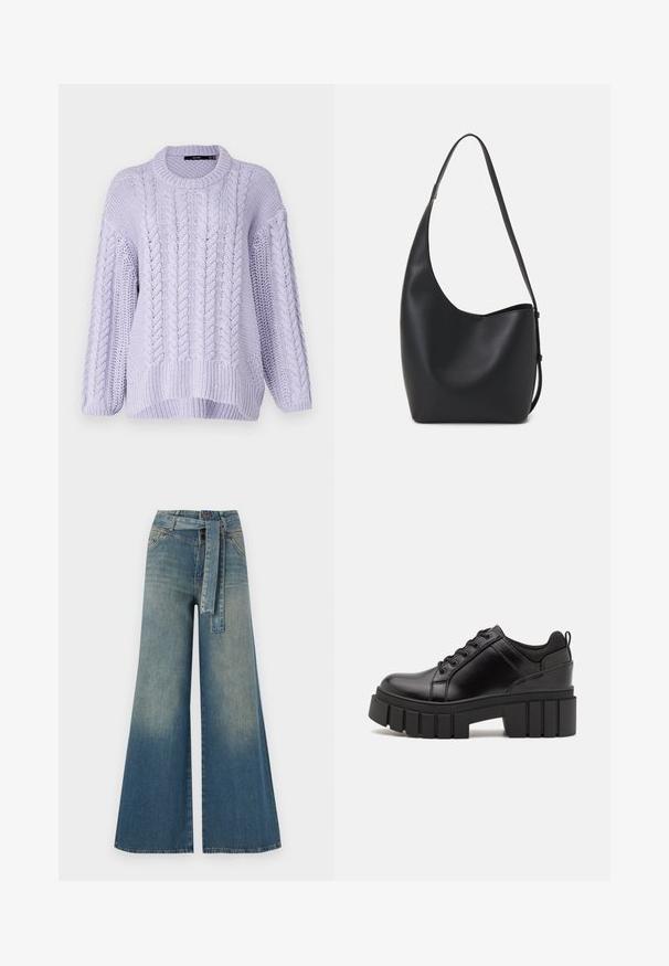 Fialový pletený sveter s okrúhlym golierom, so vzorom kabelového pletenia a voľným strihom. Rybárske lemovanie a široké rukávy vytvárajú uvoľnený siluetu.; Džínsy s širokými nohavicami, ktoré majú prechod od svetlomodrej po tmavomodrú, vysoký pás, pútka na opasok a opasok z rovnakého materiálu. Textúrovaný denimový povrch.; Čierne kožené platformy s masívnym blokovým podpätkom, okrúhlou špičkou a tradičným šnurovaním. Má hladký povrch a minimálne detaily.; Čierna kožená hobo taška so hladkou textúrou, zakriveným tvarom a jedným nastaviteľným popruhom; má široké otvorenie na vrchu.