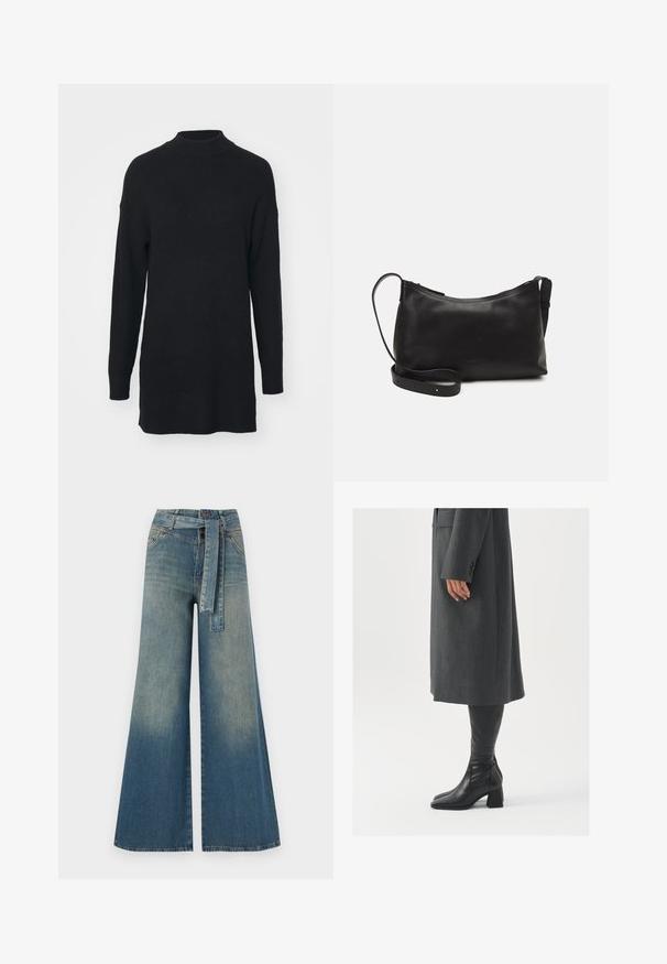 Czarny sweter z prążkowanej dzianiny o wysokim dekolcie, długimi rękawami i luźnym kroju, z lekko wydłużonym tyłem.; Szerokie spodnie dżinsowe z gradientem od jasnoniebieskiego do ciemnoniebieskiego, wysokim stanem, szlufkami na pasek oraz pasującym paskiem z tkaniny. Teksturowany wykończenie dżinsu.; Szary, dopasowany płaszcz o prostym kroju; zestawiony z czarnymi skórzanymi kozakami do kolan z kwadratowym noskiem i grubym obcasem.; Czarna skórzana torba na ramię o gładkiej fakturze, zakrzywionym kształcie, regulowanym pasku i zapięciu na zamek. Minimalistyczny design bez zdobień.