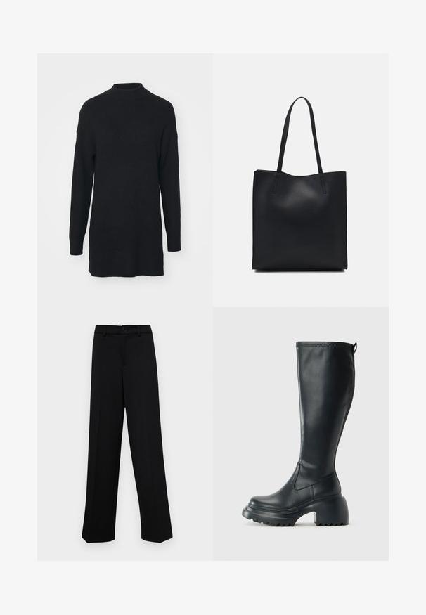 Black ribbed knit sweater with a high neckline, long sleeves, and a relaxed fit, featuring a slightly longer back hem.; Black wide-leg trousers made of smooth fabric, featuring a classic waistband with a button closure and front pleats.; Tall black leather boot with chunky platform sole and block heel, featuring pull tab and textured tread on outsole.; Black leather tote bag with smooth texture, rectangular shape, and two long handles. No visible hardware or embellishments.