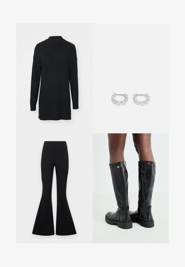 Mustan nööriga kootud sviiter kõrge kaelusega, pikkade varrukatega ja lõdva lõikega, millel on veidi pikem tagumine serv.; Mustad laiad püksid, mis on valmistatud venivast kangast, millel on sile tekstuur, ning kõrgema vöökoha ja laia, kellukesena avarduva säärekujundusega.; Mustad põlvikõrgused mustad nahast saapad, millel on sile tekstuur, ümar varvas, paks põhi ja tõmblukk. Küljel on hõbedane logo.; Hõbedased rõngakõrvarõngad, millel on selged, ristkülikukujulised ja kolmnurkse kujuga kristallid, mis on paigutatud mustriga disaini. Kõrvarõngaid kinnitavad postid, et tagada kindel kinnitamine.