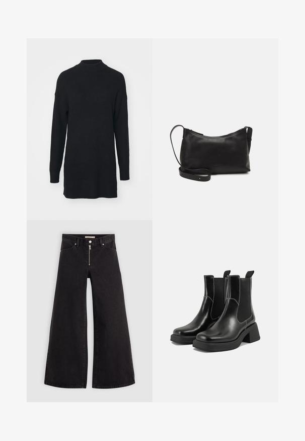 Schwarzer Rippenstrickpullover mit hohem Kragen, langen Ärmeln und lockerer Passform, mit einem leicht verlängerten Rückensaum.; Schwarze Denim-Jeans mit weitem Bein, Reißverschluss vorne, Fünf-Taschen-Design und dezenten Stickdetails. Glatte Textur und lässiger Stil.; Schwarze Leder Chelsea-Stiefel mit einem klobigen Absatz, elastischen seitlichen Einsätzen und kontrastierendem weißen Nähten. Strukturierte Oberfläche.; Schwarze Ledertasche für die Schulter mit glatter Textur, geschwungener Form, verstellbarem Tragegurt und Reißverschluss. Minimalistisches Design ohne Verzierungen.