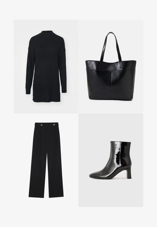 Schwarzer Rippenstrickpullover mit hohem Kragen, langen Ärmeln und lockerer Passform, mit einem leicht verlängerten Rückensaum.; Schwarze weite Hosen mit hoher Taille, Knopfdetails am Bund und vorderen Falten.; Schwarzer Lackleder-Stiefelette mit spitzer Zehe und einem mittelhohen Blockabsatz. Glatte Textur und minimalistisches Design.; Schwarze Leder-Shopper-Tasche mit zwei langen Griffen, einer glatten Textur und einer strukturierten Form. Verfügt über eine Vordertasche für zusätzlichen Stauraum.