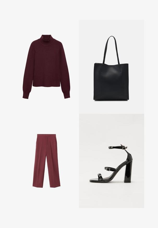 Maglione a collo alto bordeaux realizzato in maglia a coste. Presenta maniche lunghe e una vestibilità comoda con un alto colletto per maggior calore.; Pantaloni larghi bordeaux con una texture liscia, caratterizzati da tasche laterali e una vita alta. Rifiniti con una piega frontale pulita.; Sandali con tacco in vernice nera, con punta squadrata, cinturini alla caviglia e fibbie in argento. Presentano un tacco a blocco spesso per maggiore stabilità.; Borsa tote in pelle nera con texture liscia, forma rettangolare e due manici lunghi. Nessun hardware o decorazione visibile.