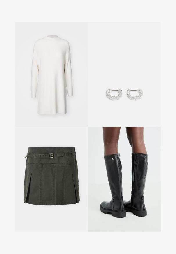 Balta, su raukšlėmis ilgomis rankovėmis megztinis su aukštu kaklu ir laisvu, per dideliu siluetu. Minkšta tekstūra ir tiesus apačios kraštas su šoninėmis spragomis.; Tamsiai žalia medvilninė mini sijonas su prigludusia liemene, diržu ir priekinių klosčių detalėmis. Yra siuvinėjimo detalės ir klasikinis kirpimas.; Juodos iki kelių odinės botai su lygiu paviršiumi, apvaliu pirštu, stambiu padu ir užtrauktuku. Ant šono yra sidabrinė logo.; Sidabriniai auskarai su žiedu, kuriuose yra stačiakampių ir trikampių skaidrių kristalų, sukomponuotų apskritimu, su centriniu tvirtinimo tašku.