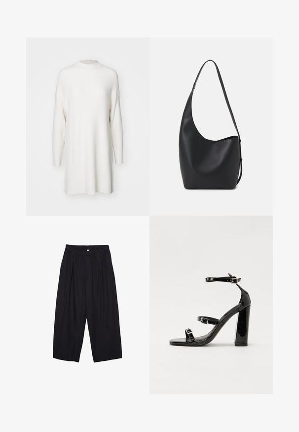 Weißer, gerippter Pullover mit langen Ärmeln, hohem Ausschnitt und lässigem, oversized Schnitt. Weicher Stoff und gerader Saum mit seitlichen Schlitzen.; Schwarze Polyester-Culotte mit einem elastischen Bund, zwei vorderen Falten und einer lockeren Silhouette. Keine sichtbaren Muster oder Hardware-Details.; Schwarze patentierte Sandalen mit Absatz, quadratischer Spitze, Knöchelriemen und silbernen Schnallen. Mit einem stabilen Blockabsatz für mehr Stabilität.; Schwarze Leder-Hobo-Tasche mit einer glatten Textur, geschwungener Form und einem einzelnen verstellbaren Tragegurt; verfügt über eine weite Öffnung am oberen Ende.