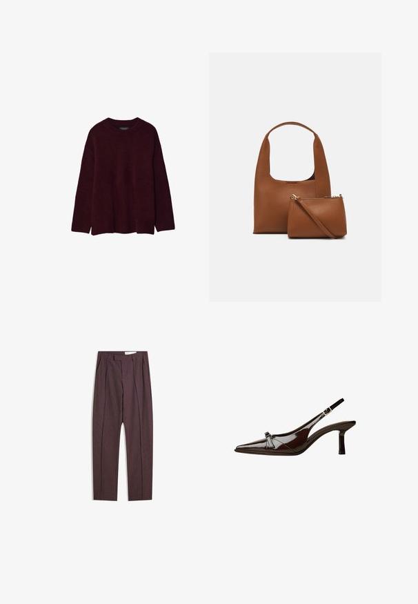 Burgundy sweater made of soft material, featuring a crew neckline and long sleeves with a relaxed fit, hemline slightly longer at the back.; Purple striped trousers with pleats, featuring a high waist and straight-leg design. Made from a smooth, textured fabric.; Brown patent leather slingback shoe with pointed toe, low heel, and a decorative bow accent on the front. Smooth, shiny texture.; Brown synthetic handbag with a curved handle and a smooth texture. Includes a matching small pouch with a zipper. Minimalist design.
