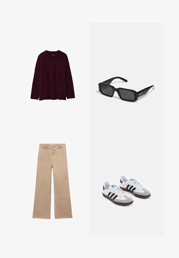 Burgundy sweater made of soft material, featuring a crew neckline and long sleeves with a relaxed fit, hemline slightly longer at the back.; Beige wide-leg jeans with a frayed hem, made from cotton. Features a button closure and belt loops, offering a loose fit and casual style.; Sport shoes with a white leather upper, gray suede toe, and three black stripes. Features a blue logo on the tongue and a textured rubber sole.; Arnette THEKIDD UNISEX - Sunglasses - black