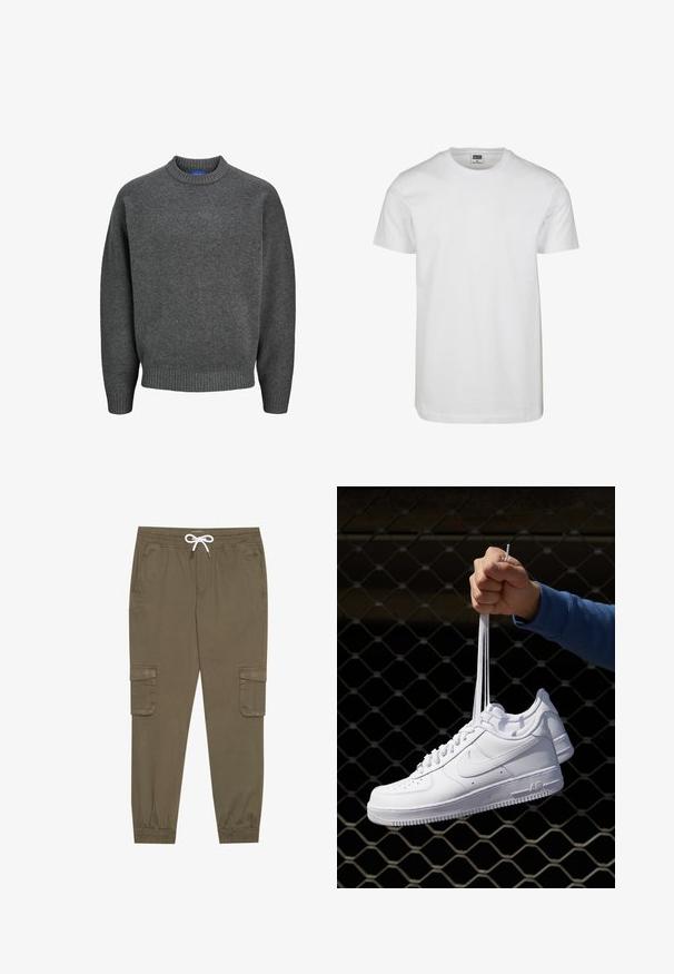 Jack & Jones JOROLLIE CREW NECK - Vesta - iron gate; Bijela pamučna majica s okruglim izrezom, kratkim rukavima i opuštenim krojem. Oznaka kaže "URBAN CLASSICS". Glatka tekstura, bez uzoraka ili naglasaka.; Khački cargo hlače s elastičnom strukom i vezicom, s bočnim džepovima i suženim gležnjevima. Izrađene od teksturiranog, laganog materijala.; Bijele kožne tenisice s perforacijama, okruglim vrhom, ravnim potplatom i debelim vezicama, s vidljivim swoosh logom i natpisom "AIR" na peti.