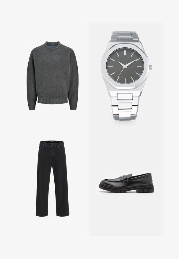 Jack & Jones JOROLLIE CREW NECK - Strickpullover - iron gate; Schwarze gerade geschnittene Jeans aus Denim mit Knopf- und Reißverschluss, Gürtelschlaufen sowie Vorder- und Gesäßtaschen.; Schwarze Lederloafer mit glatter Oberfläche, ausgestattet mit einem vorderen Riemendetail und einer klobigen Gummisohle mit gerippten Akzenten.; Silberne Analog-Uhr mit achteckigem Gehäuse, grauem Zifferblatt, silbernen Stundenmarkierungen und einem Armband aus Edelstahl. Minimalistisches Design mit glatter Textur.