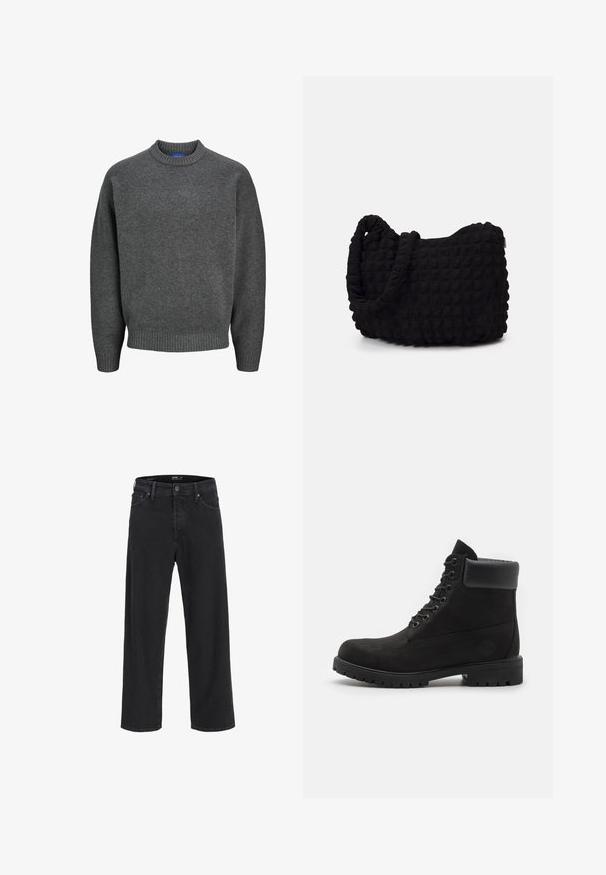 Jack & Jones JOROLLIE CREW NECK - Trui - iron gate; Zwarte denim wide-leg jeans met een hoge taille, met voorzakken, een ritssluiting en een knoopsluiting. Soepele textuur en klassiek ontwerp.; Zwarte enkellaars met vetersluiting, voorzien van een gevoerde kraag en een robuuste zool, weergegeven in profiel tegen een witte achtergrond.; Zwarte stoffen tas met een gestructureerd, gewatteerd patroon. Rondvormig, korte, dikke handvatten en een zachte, flexibele structuur.