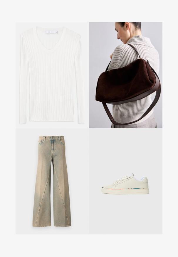 Bela dolgesavna pletena majica z v-izrezom. Mehka tekstura in oprijet dizajn. Ima subtilne navpične črte in stranske razpore.; Svetlo modri široki jeans iz denima. Imajo visok pas, sprednje žepe in značilno šivno vzorčenje vzdolž nog.; Off-white nizki športni copat z vezalnim dizajnom, belim notranjim oblogo in subtilnim večbarvnim obrobjem ob robu podplata, stranski pogled.; Rjava semiš torba hobo z ukrivljenim usnjenim trakom, ki ima zadrgo in gladko površino. Torba ima prostorno, strukturirano obliko.