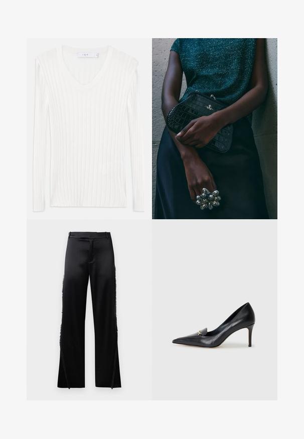 Weißes, langärmeliges, geripptes Strickoberteil mit V-Ausschnitt. Weiche Textur und taillierte Passform. Verfügt über subtile vertikale Linien und seitliche Schlitze.; Schwarze Satin-Hosen mit weitem Bein, die Fransenverzierungen entlang der Seitennähte und einen flachen, elastischen Bund haben. Rückseite schlicht ohne Taschen.; Schwarzer Lederpumps mit spitzer Zehe, niedrigem Vamp und dekorativem goldenen Akzent. Verfügt über einen Stiletto-Absatz und eine glatte Textur.; Schwarze Clutch-Tasche im Kroko-Design mit silbernen Beschlägen, vor einem strukturierten grauen Hintergrund gehalten. Verfügt über eine glänzende Oberfläche.