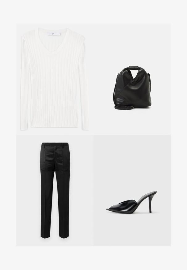 Bijela dugorukava rebrasta pletena majica s v-izrezom. Mekana tekstura i prilagođeni dizajn. Ima suptilne vertikalne linije i bočne proreze.; Crne krojene hlače ravnih nogavica s pojasom s petljama za remen, koje sadrže kombinaciju mat i sjajnih materijala.; Crne kožne visoke mule s otvorenim prstima, šiljastim dizajnom, glatkom teksturom i uskim štiklama.; Crna, meka kožna torba s jedinstvenim uvijenim dizajnom. Ima kratku ručku i odvojivi naramenicu. Minimalistički stil.
