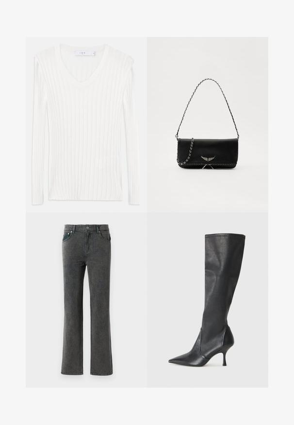 Vit långärmad ribbad stickad topp med v-ringning. Mjuk textur och figurnära design. Har subtila vertikala linjer och sidslöjor.; Grå denim flared jeans med en urtvättad yta, fem fickor, bälteslingor och en enda knäppning. Mjuk textur och rak bendesign.; Knähöga svarta läderstövlar med spetsig tå och smal stilettklack. Slät textur med en åtsittande design och sömnad vid övre kanten.; Svart läderhandväska med en silverkedja, prydd med dekorativa vingdetaljer och vit sömnad längs den nedre sömmen.