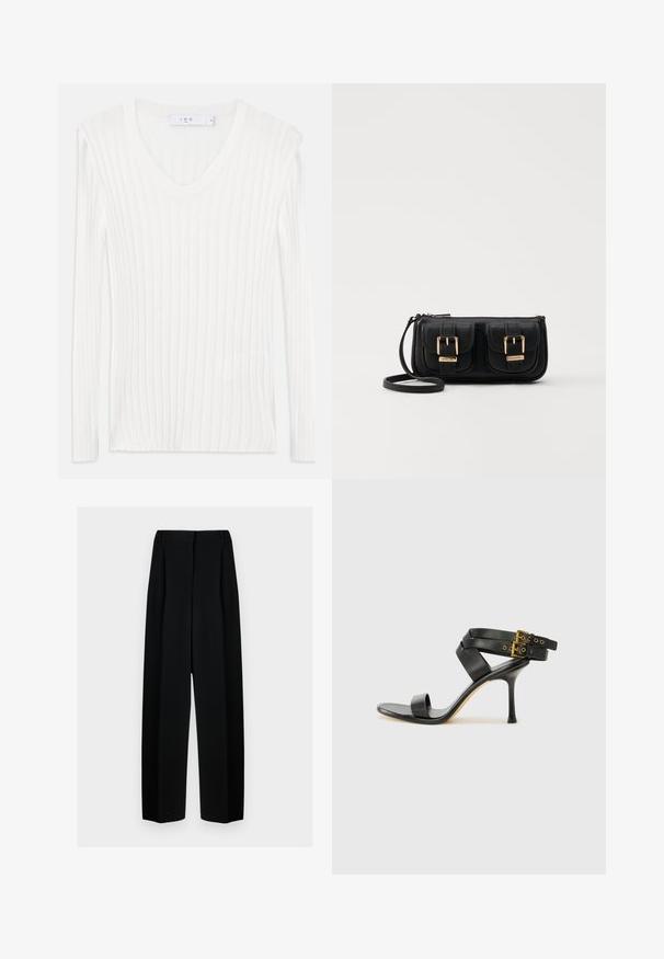Witte lange mouwen ribgebreide top met een V-hals. Zachte textuur en aansluitend ontwerp. Heeft subtiele verticale lijnen en zijsplitten.; Zwarte wijde broek met een hoge taille, met plooien en een gladde textuur. De stof lijkt lichtgewicht en valt elegant.; Zwarte hoge hak sandaal met gekruiste bandjes en verstelbare gespsluiting. Heeft een gladde textuur en een taps toelopende stilettohak.; Zwarte leren schoudertas met twee vo pockets, gouden gespen, ritsluiting en een smalle band. Tekstuur oppervlak en compacte rechthoekige vorm.