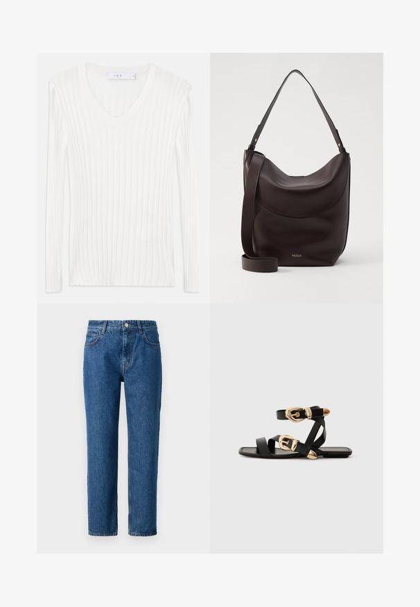 Bela dolgesavna pletena majica z v-izrezom. Mehka tekstura in oprijet dizajn. Ima subtilne navpične črte in stranske razpore.; Modri denim kavbojki s ravnim krojem, opremljene z gumbom, zankami za pas in sprednjimi žepi. Narejene so iz teksturirane bombažne tkanine.; Črne usnjene sandale z zlatimi zaponkami, ki imajo več trakov in ravno podplati za nošenje brez prstov.; Temno rjava usnjena torba za ramo s ukrivljeno silhueto, nastavljivim trakom in subtilnim zlatim logotipom. Gladka tekstura z minimalnimi poudarki.