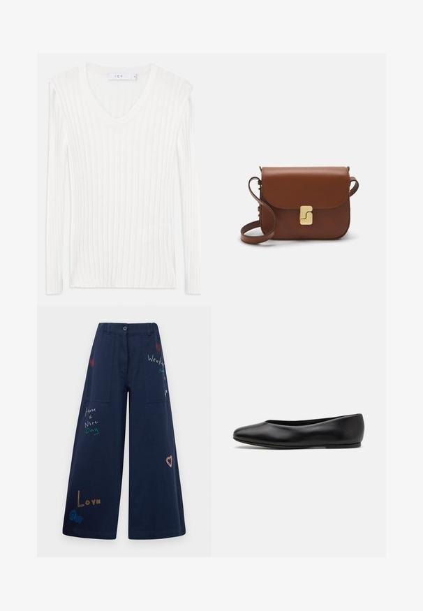 White long-sleeve ribbed knit top with a v-neckline. Soft texture and fitted design. Features subtle vertical lines and side slits.; Navy blue wide-leg pants in cotton with multiple pockets. Features colorful embroidered text and graphics including hearts and playful phrases.; Paul Smith TOPANGA - Ballet pumps - black; Brown leather handbag with a flap closure, gold-tone hardware, a shoulder strap, and a smooth texture. Compact rectangular shape.